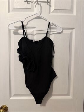 Zara Black Ruffle One-Shoulder Bandeau Bodysuit